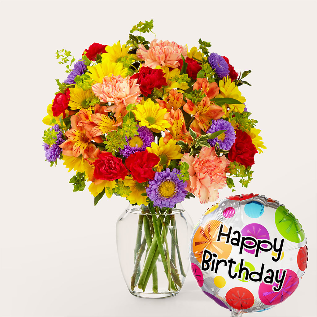Kaleidoscope Bouquet with Birthday Balloon – Flowers Forever, Carlsbad CA