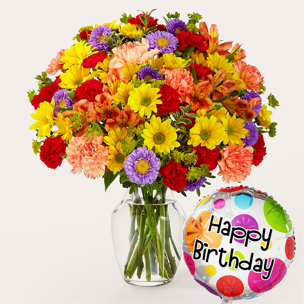 Kaleidoscope Bouquet with Birthday Balloon – Flowers Forever, Carlsbad CA