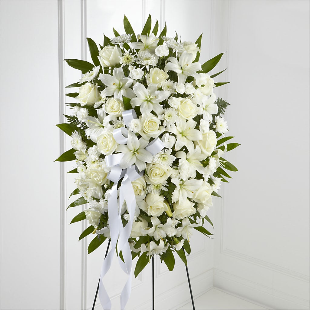 Exquisite Tribute Standing Spray-White Ribbon – Flowers Forever, Carlsbad CA