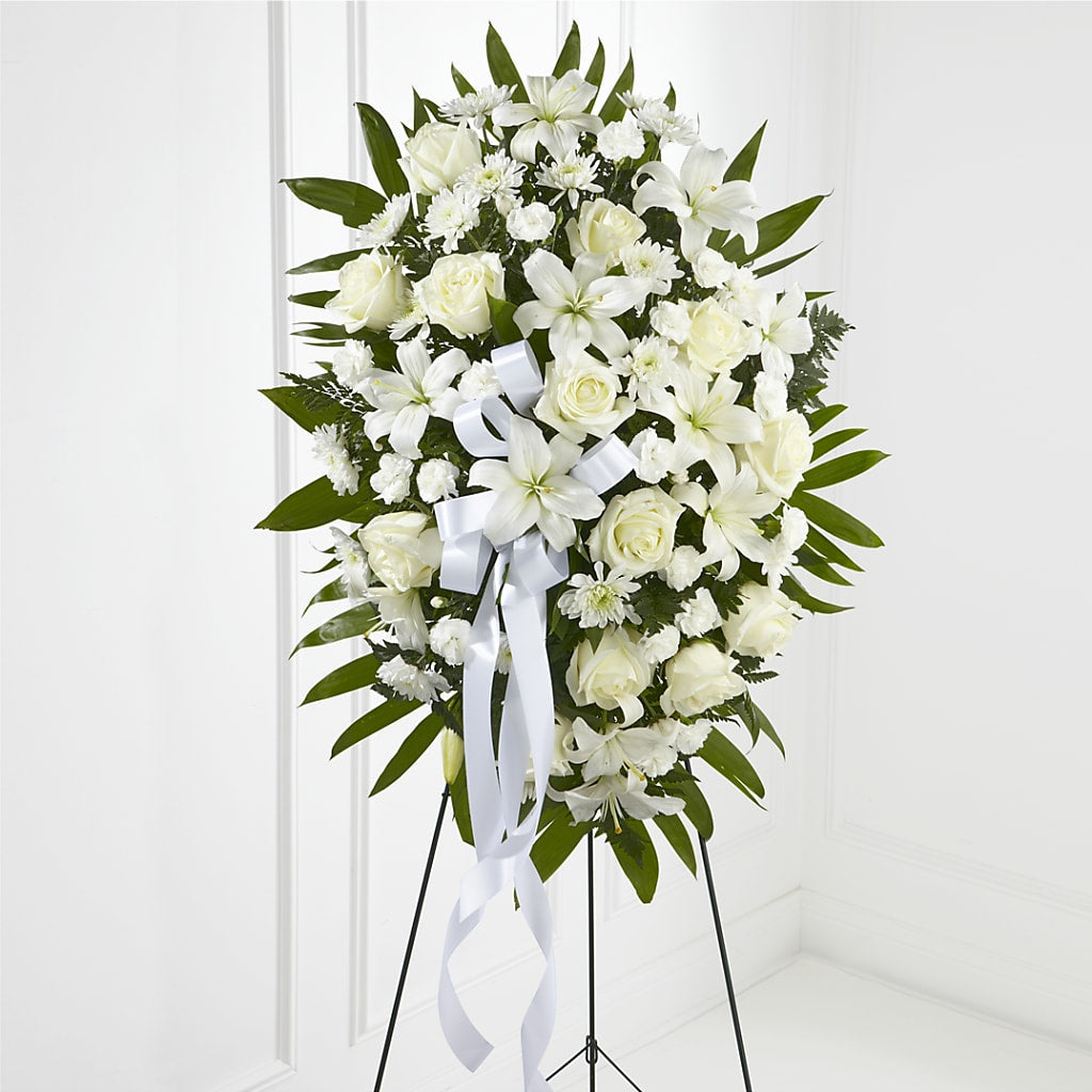Exquisite Tribute Standing Spray-White Ribbon – Flowers Forever, Carlsbad CA
